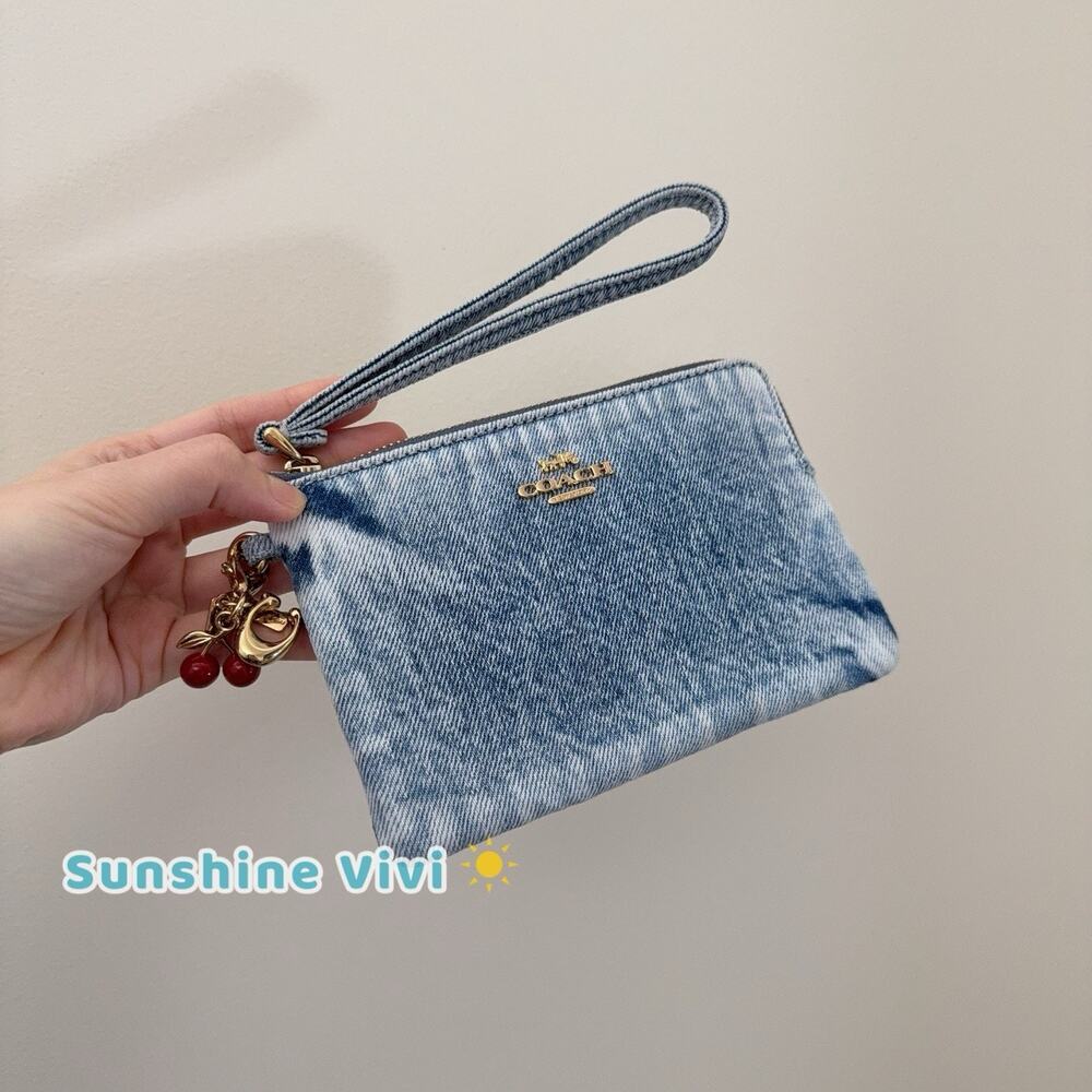 Coach Corner Zip Wristlet Loved Denim With Charms CEF82 Gold/Light Indigo